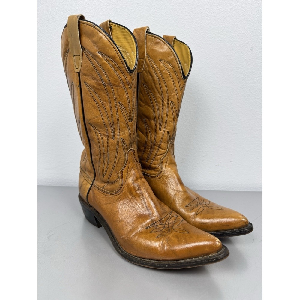 Vintage Wrangler Cowboy Boots Womens 8.5 R Tan Brown Leather Western Rodeo Work